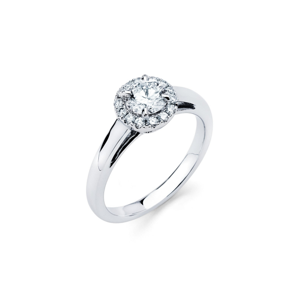 Halo style diamond engagement ring in white gold