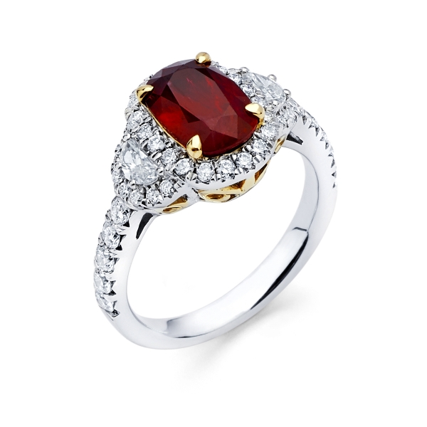 18k Two Tone 3 Stone Ruby Fashion Ring