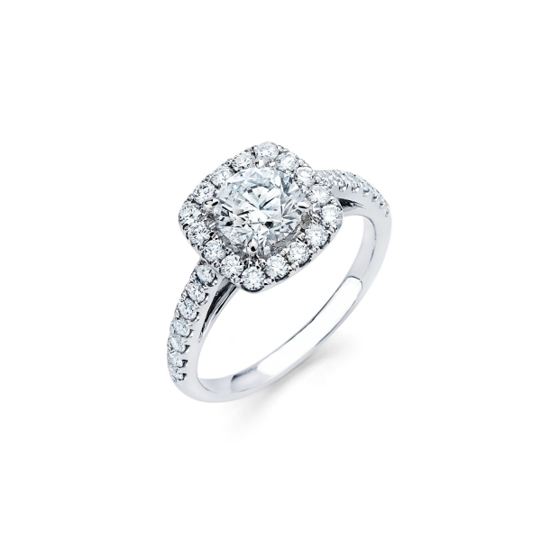 Halo style diamond engagement ring in white gold