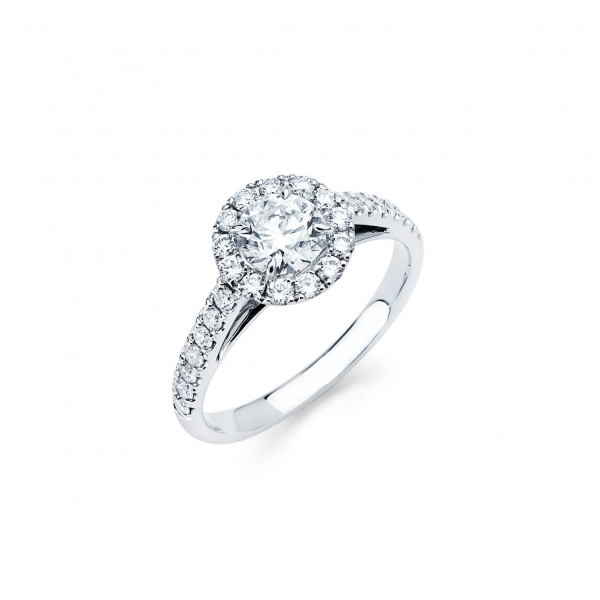 Halo style diamond engagement ring in white gold