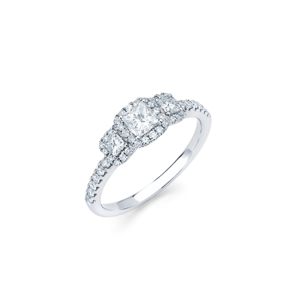 Three stone halo style diamond engagement ring