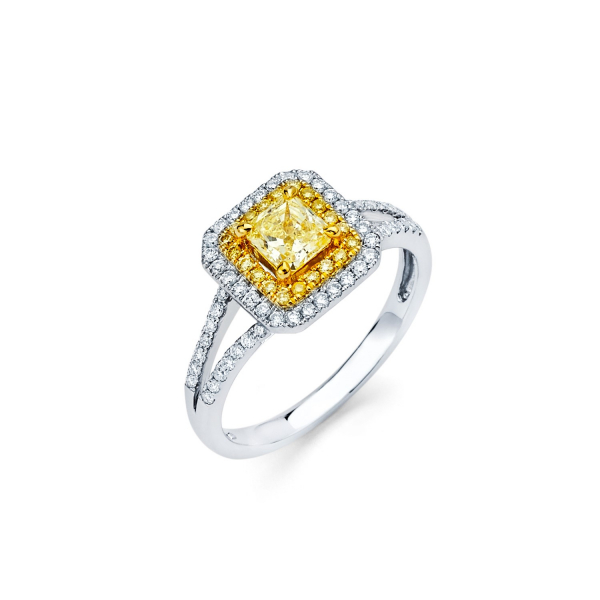 Double halo diamond engagement ring featuring yellow diamond