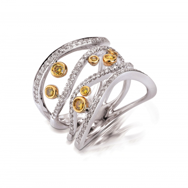 Two tone gold diamond ring with white and yellow diamonds