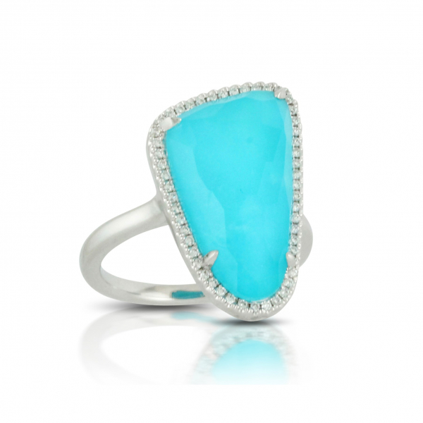 18k White Gold Turquoise Diamond Halo Fashion Ring
