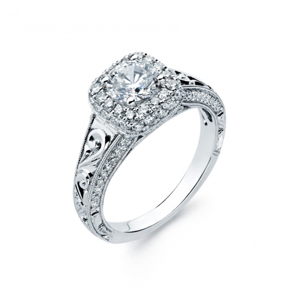 Vintage style halo diamond engagement ring in white gold