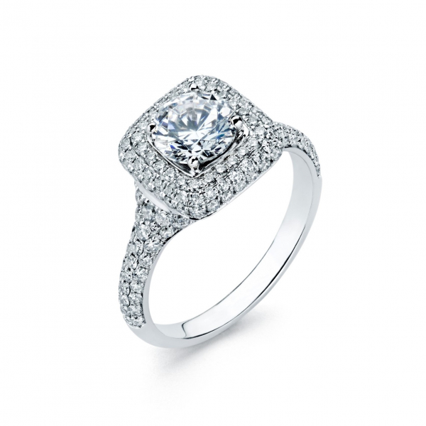 Halo style diamond engagement ring in white gold