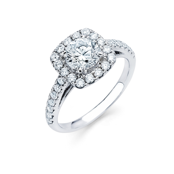 Halo style diamond engagement ring in white gold