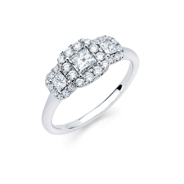 Three stone halo style engagement ring in white gold