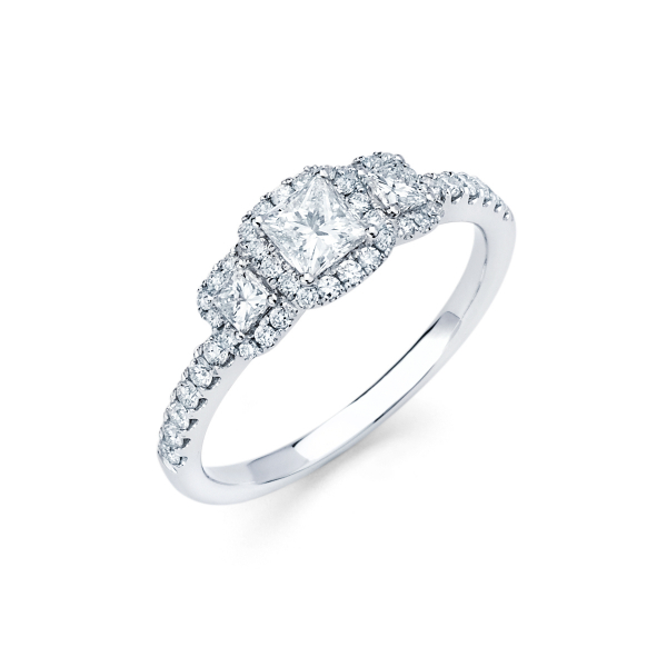 Three stone halo style diamond engagement ring