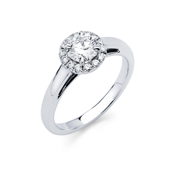 Halo style diamond engagement ring in white gold