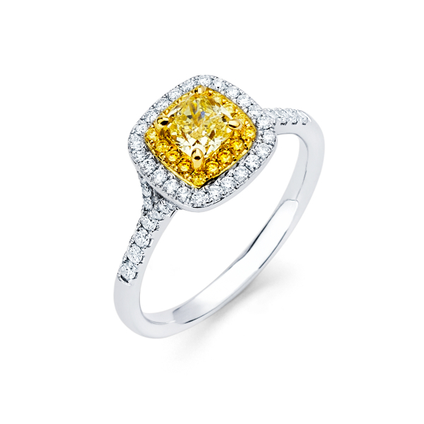 Double halo diamond engagement ring featuring yellow diamond