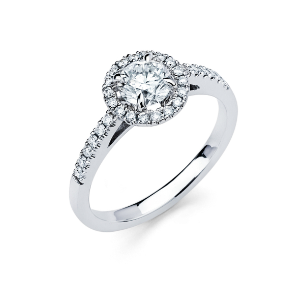 Halo style diamond engagement ring in white gold