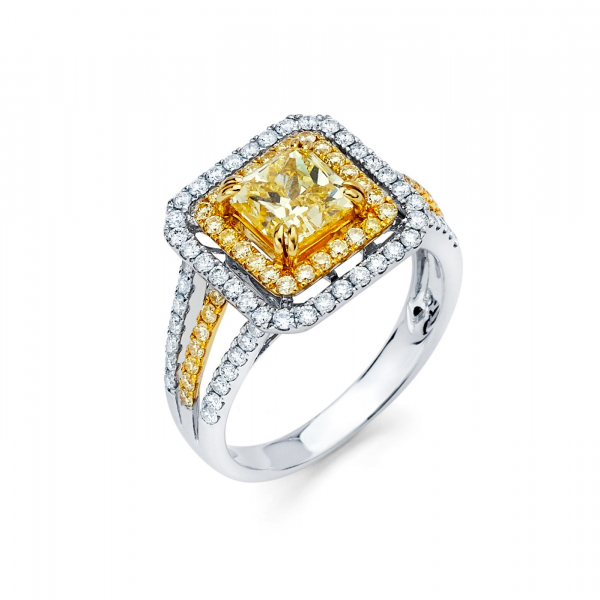 Double halo diamond engagement ring featuring yellow diamond