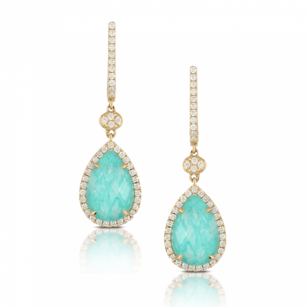 Lady's 18 karat yellow gold drop earrings featuring Amazonite surrounded by a diamond halo