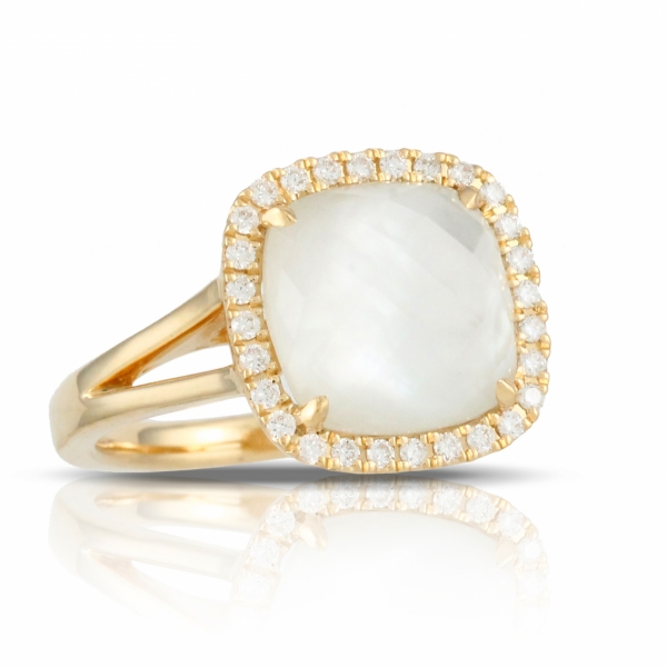 Lady's 18 karat yellow gold fashion ring featuring Mother of Pearl surrounded by a diamond halo