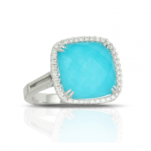 18k White Gold Turquoise Diamond Halo Fashion Ring