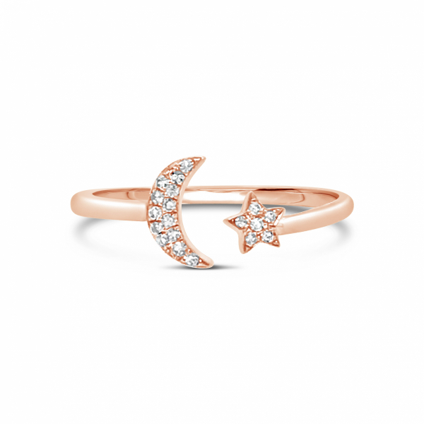 14k Rose Gold Moon and Star Diamond Ring