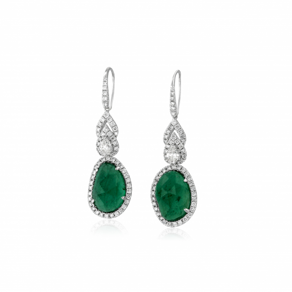 Emerald and diamond drop earrings in white and yellow gold