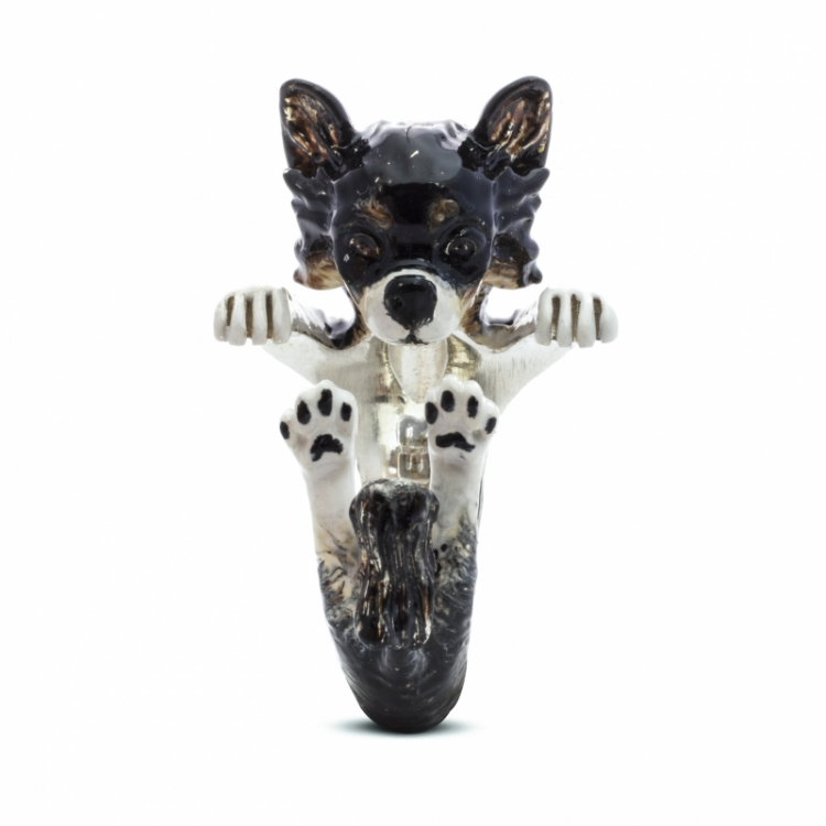 Chihuahua Long Haired Enamel Hug Ring Sausalito Jewelers